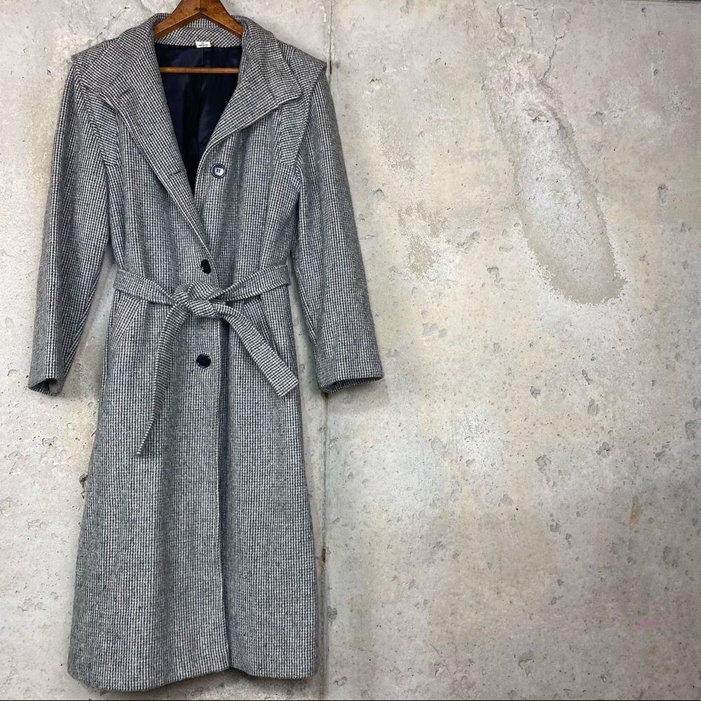 Vintage union made black white micro houndstooth unisex long pea coat - Picture 4 of 10